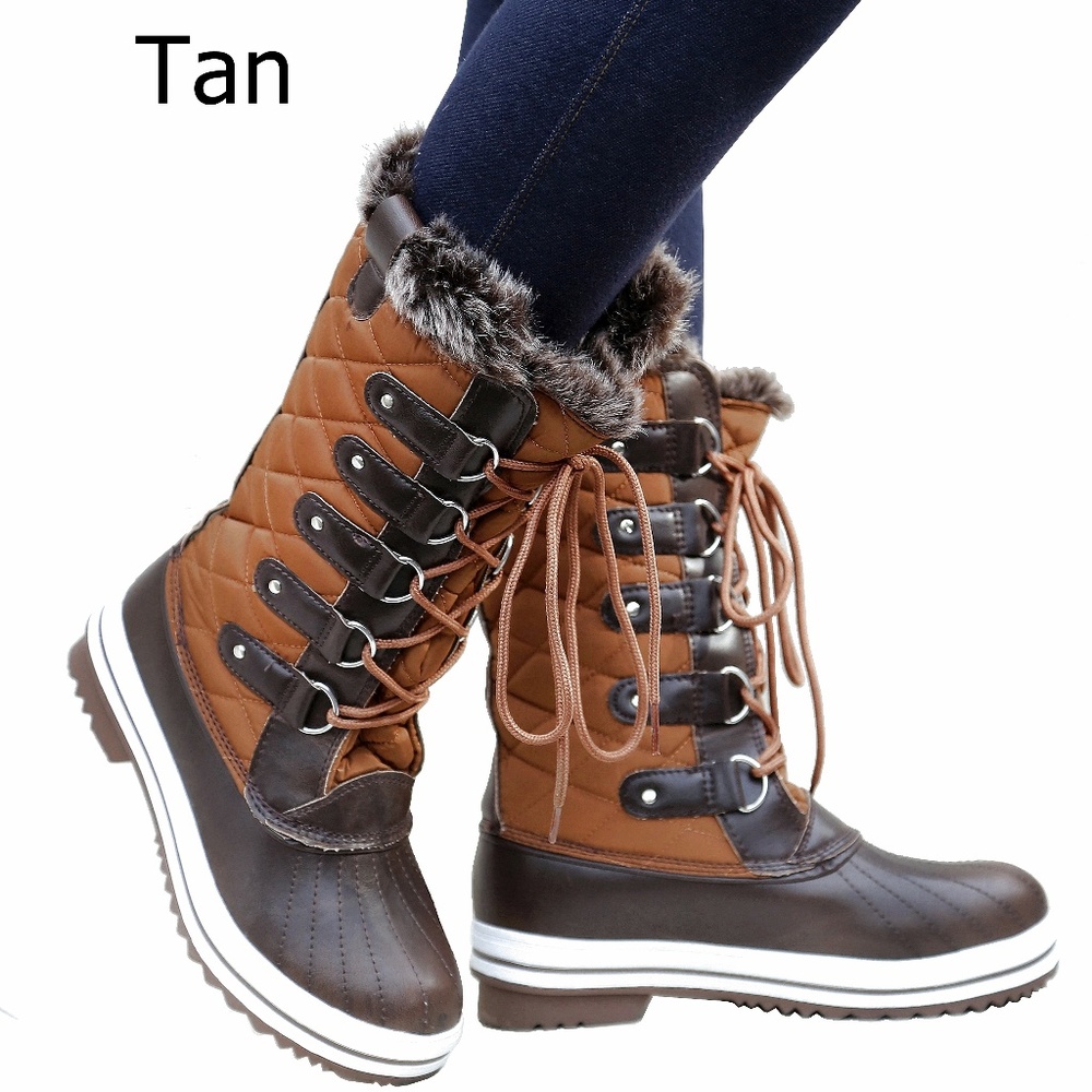 New Tan Quilted Lace Up Weatherproof Snow Boots